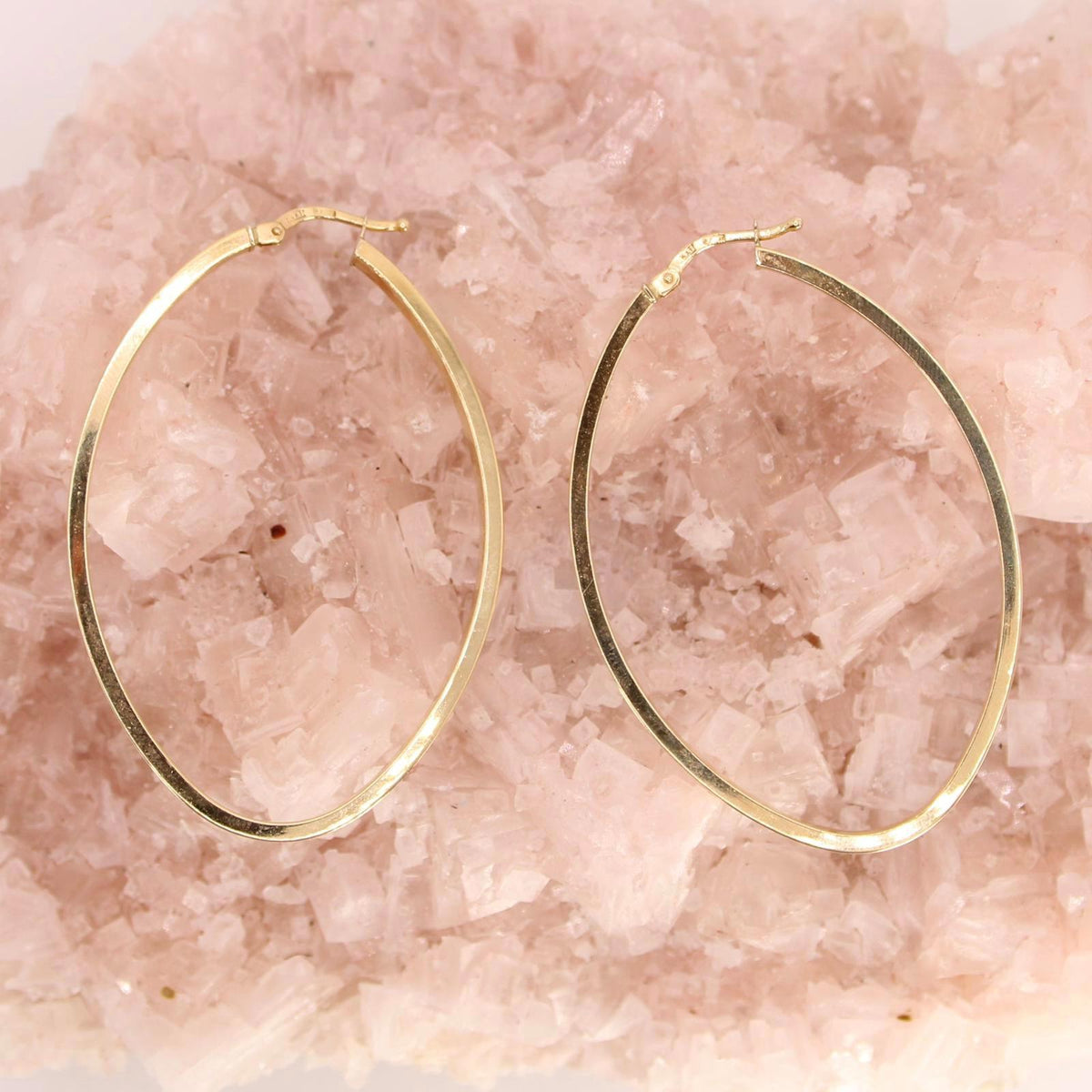 14k Yellow Gold Square Edge Flat Tube Oval Hoop Earrings 2"