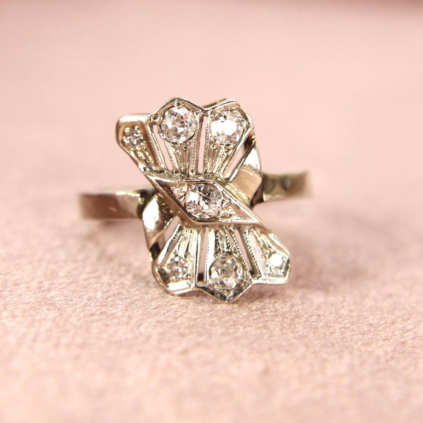 Antique 14kt White Gold Natural Old Mine Cut Diamond Cocktail Fan Ring Size 7