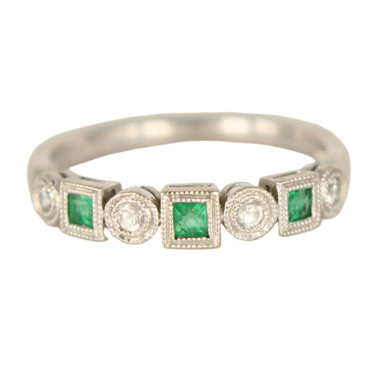 14k White Gold Natural Emerald White Sapphire Stacker Ring Size 7.25