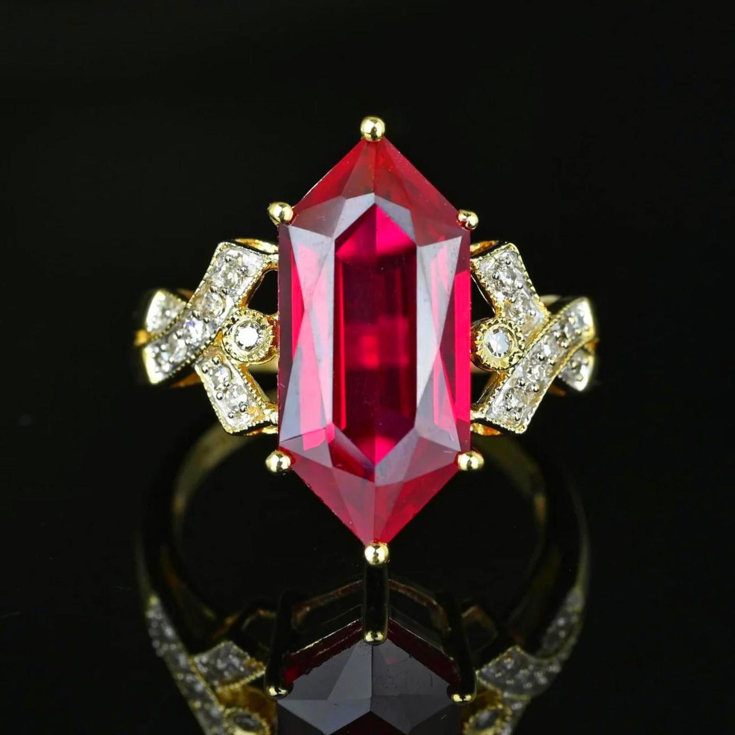 Alwand Vahan 10kt Yellow Gold Synthetic Ruby Diamond Statement Ring Size 7.25