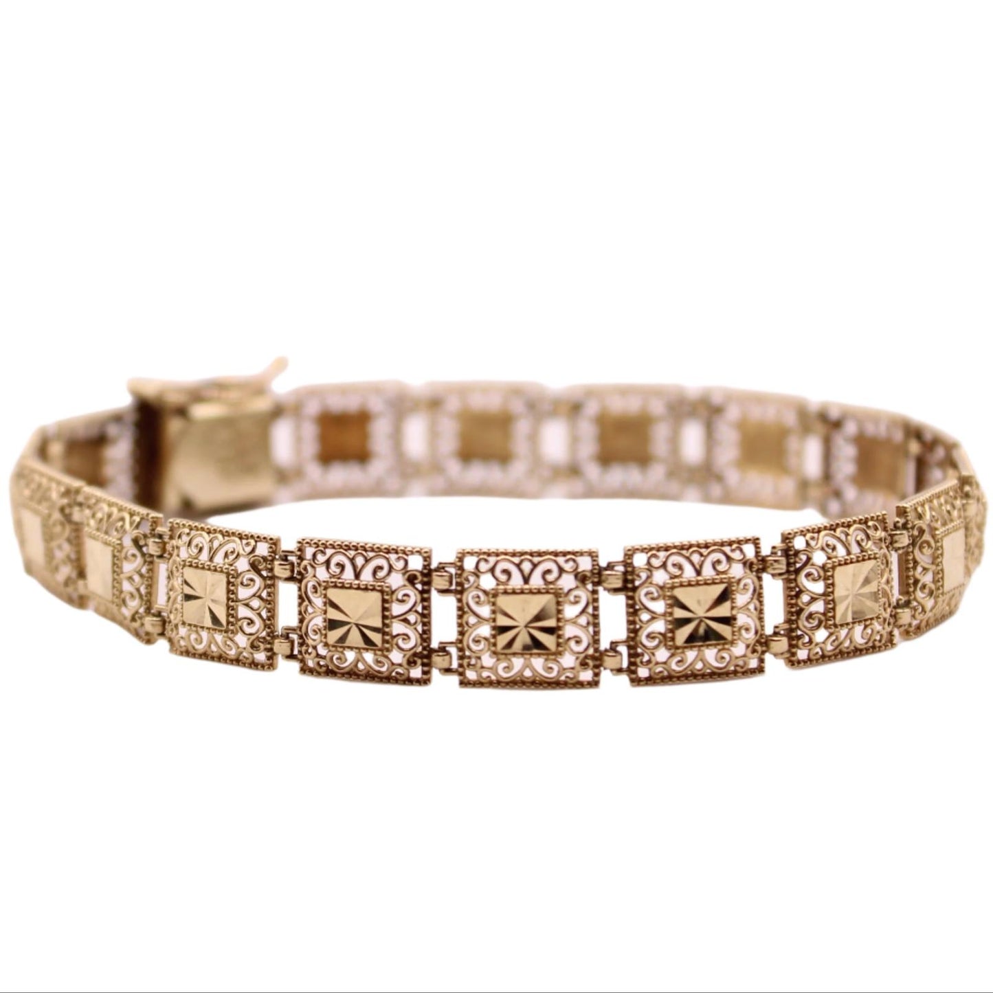 Vintage 10kt Yellow Gold Square Link Ornate Open Filigree Wide Bracelet 7”
