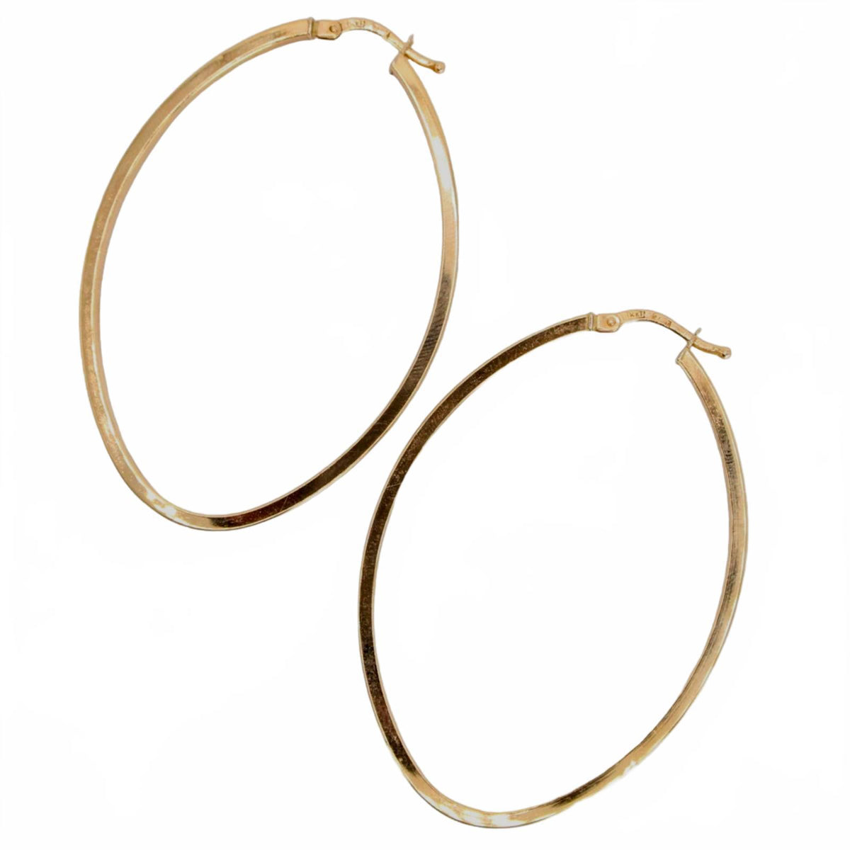 14k Yellow Gold Square Edge Flat Tube Oval Hoop Earrings 2"
