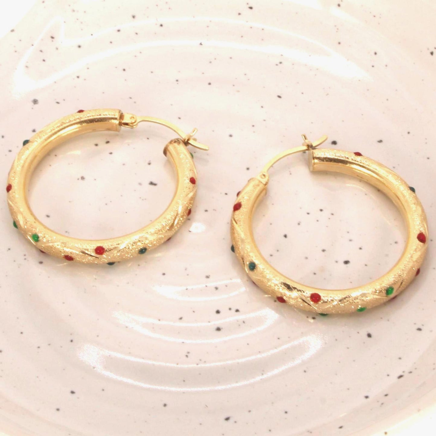 Vintage 14kt Yellow Gold Etched Enamel Dot Hoop Earrings 1.3"