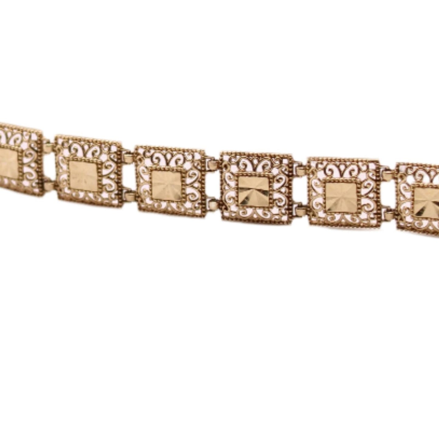 Vintage 10kt Yellow Gold Square Link Ornate Open Filigree Wide Bracelet 7”
