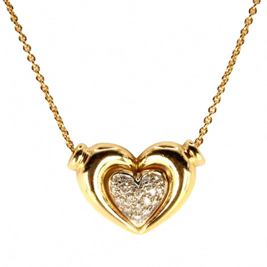 Vintage 14kt Yellow Gold Diamond Pave Heart Slide Pendant Chain Necklace 16"