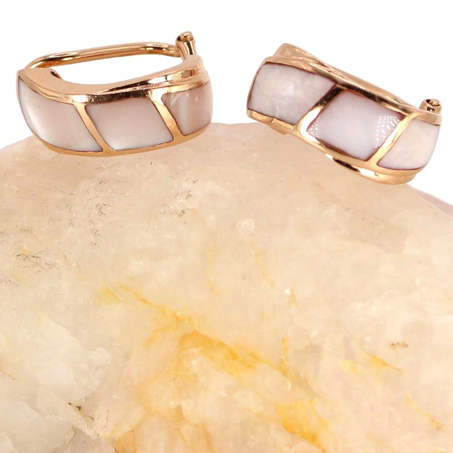 14k Rose Gold Inlaid Mother of Pearl Wavy Half Hoop French Clip Earrings
