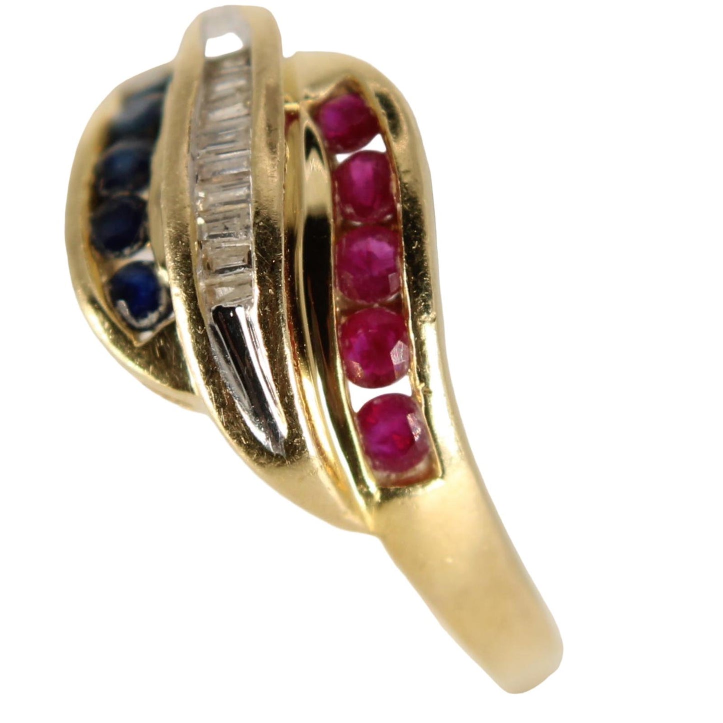 Alwand Vahan 14K Gold Baguette Diamond Ruby Sapphire Bypass Ring Size 7