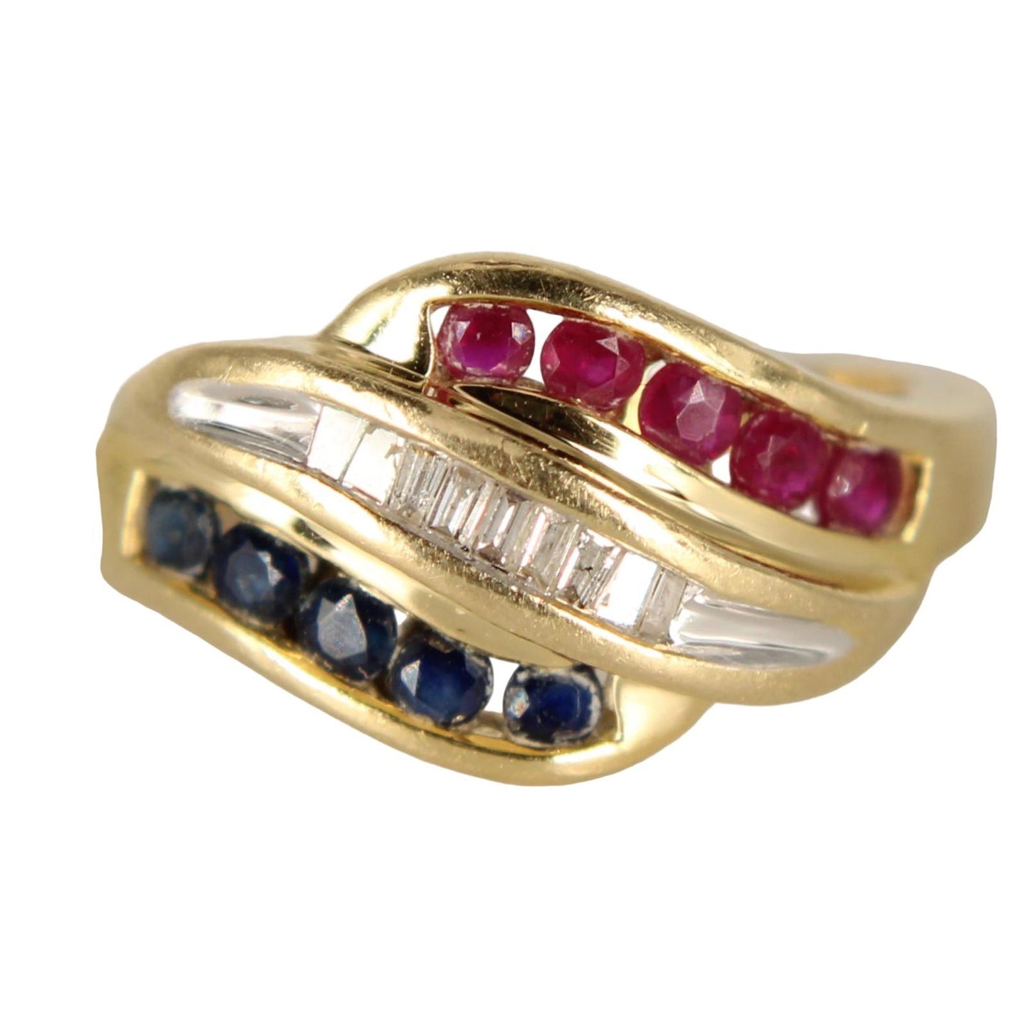 Alwand Vahan 14K Gold Baguette Diamond Ruby Sapphire Bypass Ring Size 7