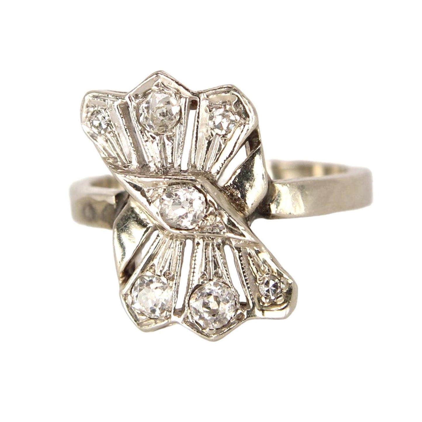 Antique 14kt White Gold Natural Old Mine Cut Diamond Cocktail Fan Ring Size 7