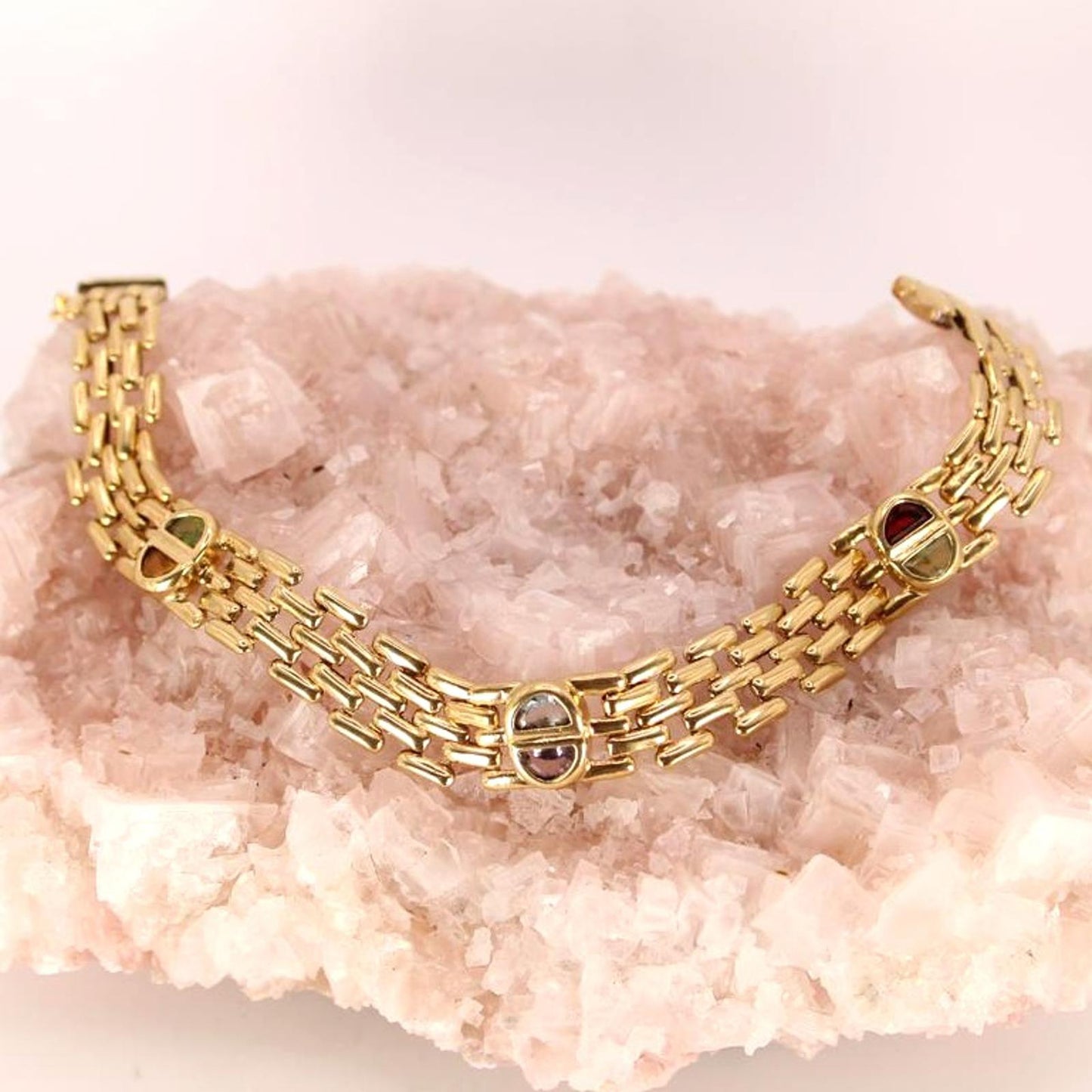 Vintage 14kt Yellow Gold Gemstone Bezel Set Panther Link Bracelet 7.25"