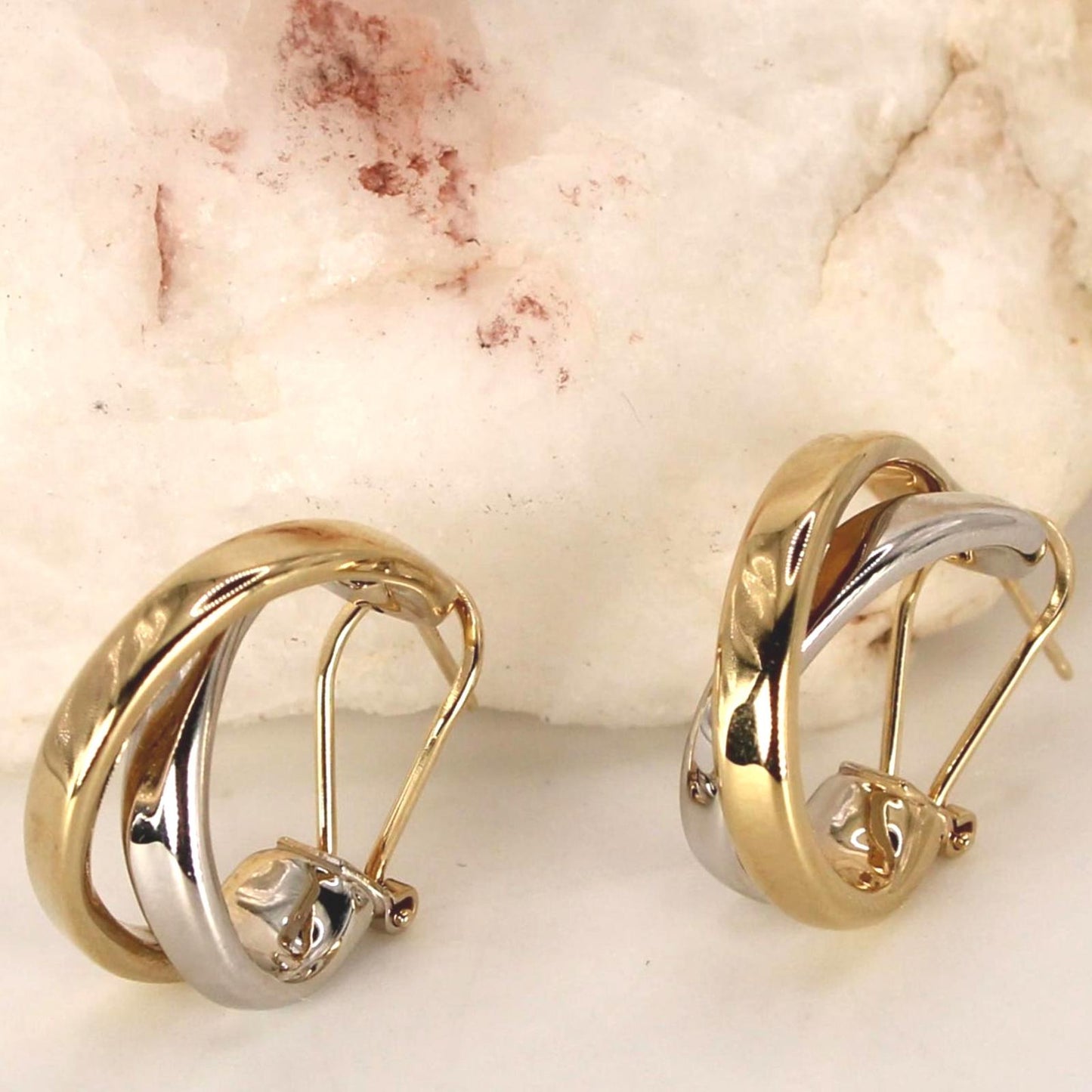 14kt Two Tone Yellow White Gold Crossover X French Clip Hoop Earrings 21mm