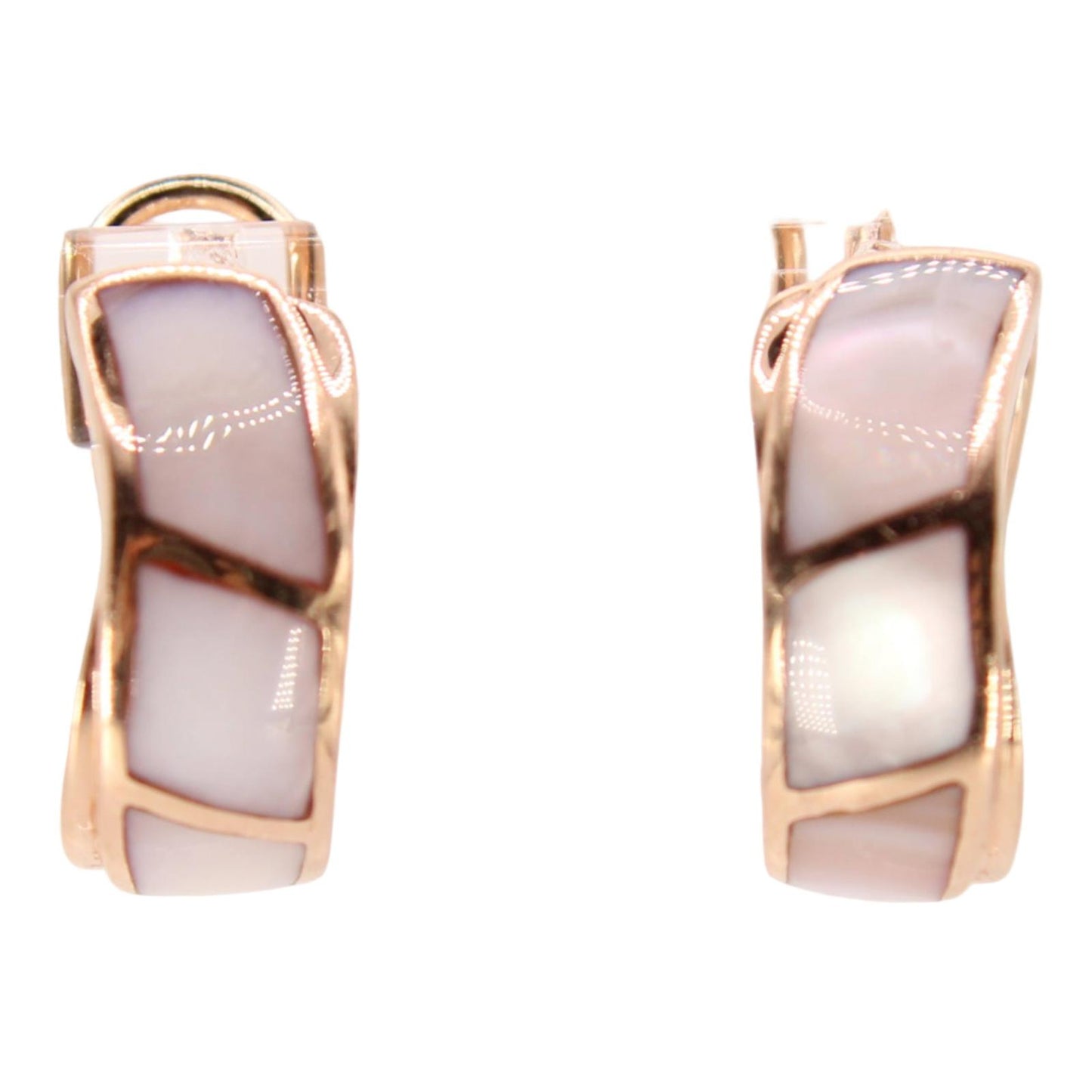 14k Rose Gold Inlaid Mother of Pearl Wavy Half Hoop French Clip Earrings