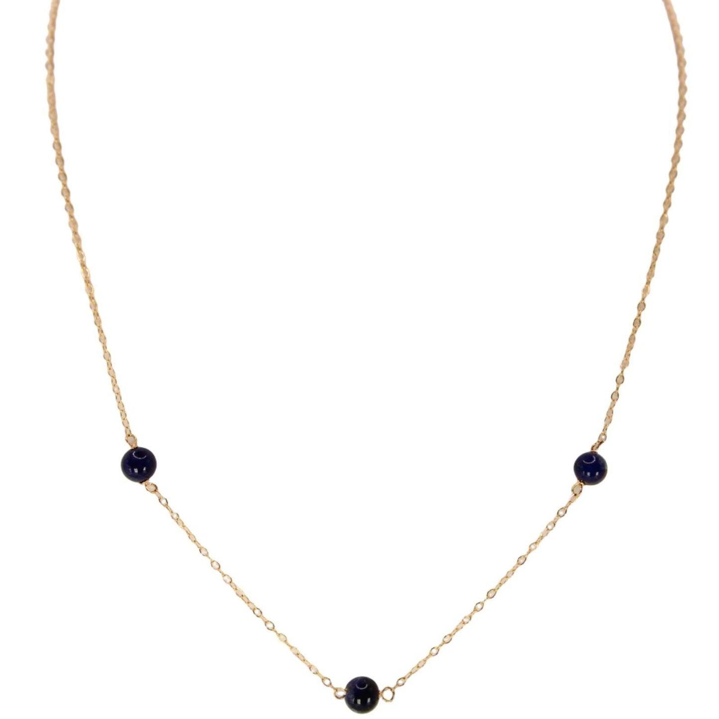 14kt Yellow Gold Lapis Lazuli Bead Station Choker Dainty Layering Necklace 15”