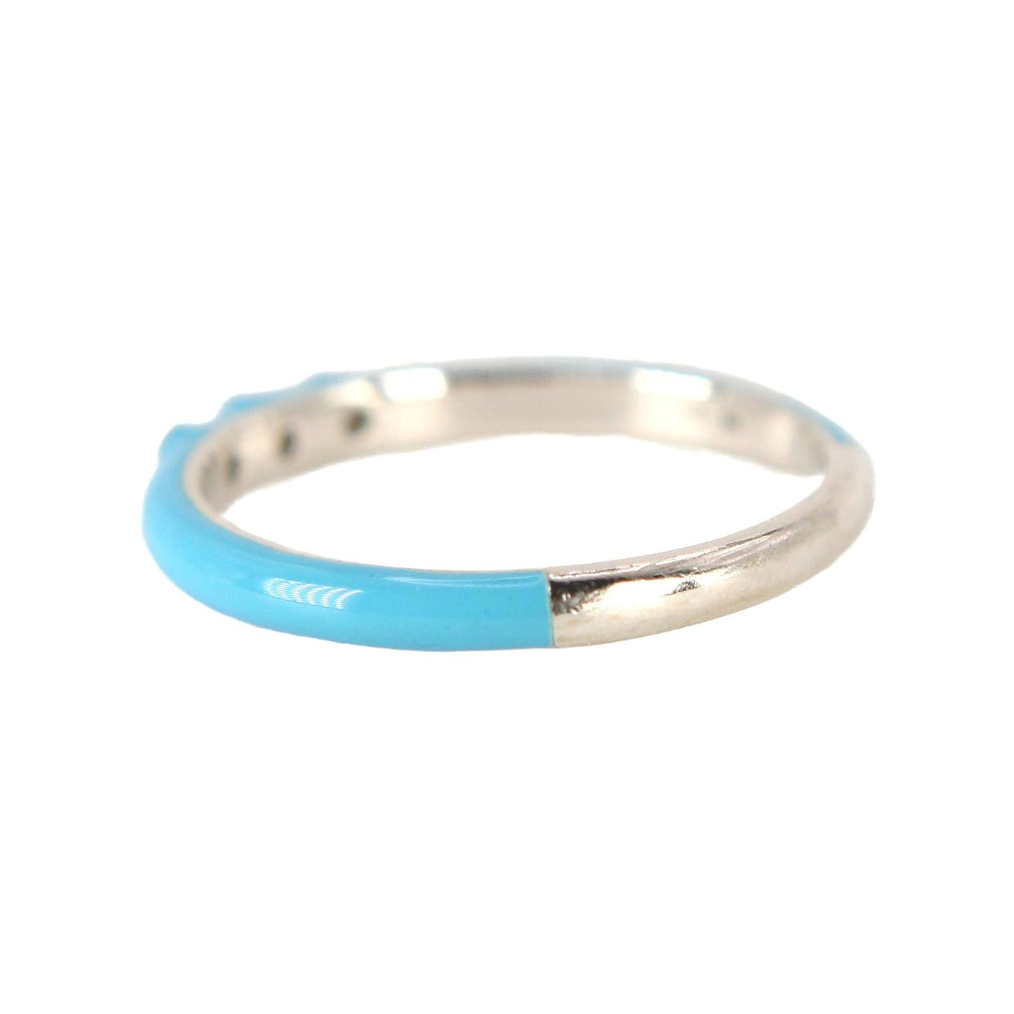 14kt White Gold Blue Enamel Three Diamond Bezel Stacking Ring Size 7