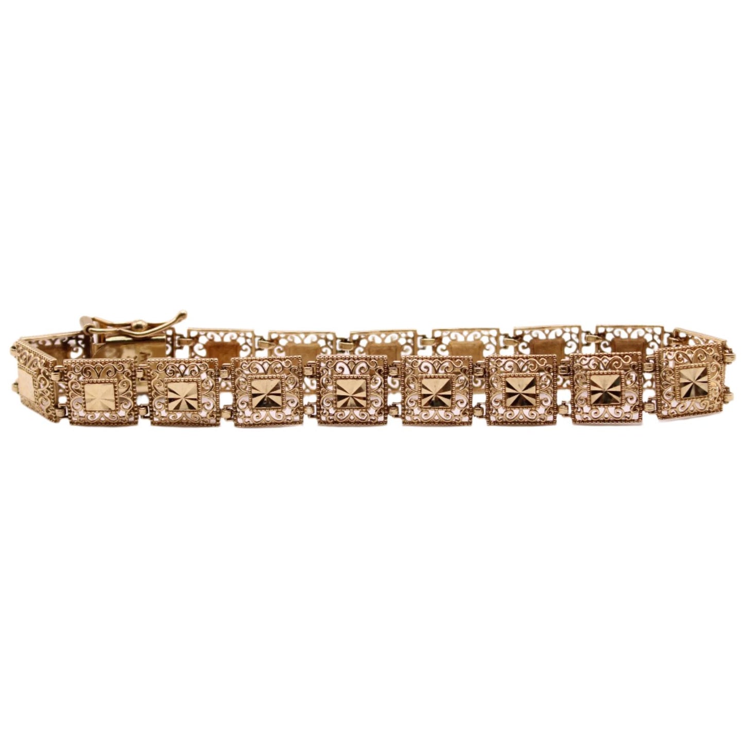 Vintage 10kt Yellow Gold Square Link Ornate Open Filigree Wide Bracelet 7”