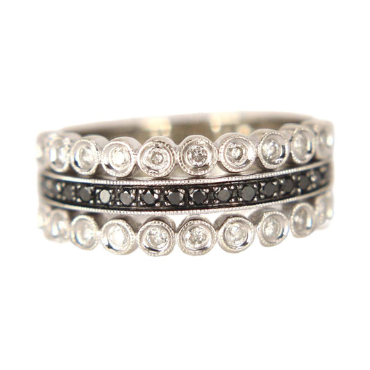 14kt White Gold Diamond & Black Diamond Milgrain Bezel Stacker Ring Size 6