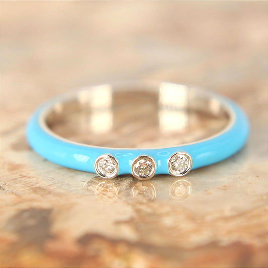14kt White Gold Blue Enamel Three Diamond Bezel Stacking Ring Size 7