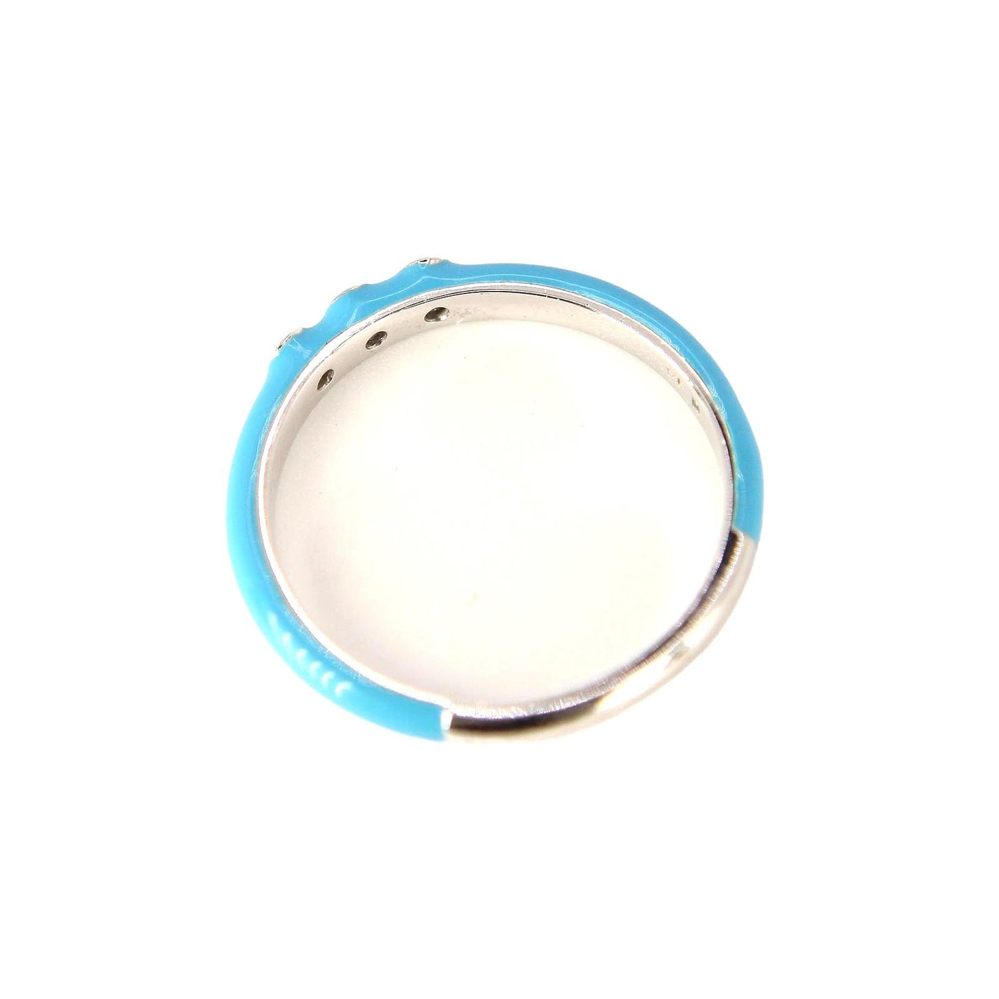 14kt White Gold Blue Enamel Three Diamond Bezel Stacking Ring Size 7
