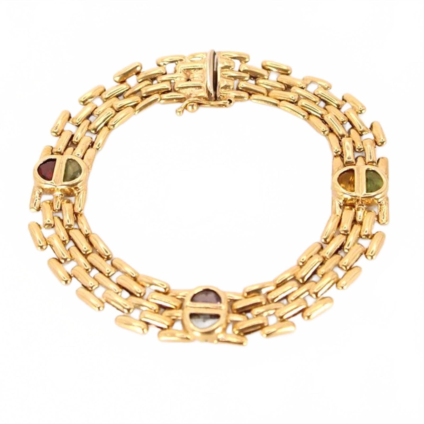 Vintage 14kt Yellow Gold Gemstone Bezel Set Panther Link Bracelet 7.25"