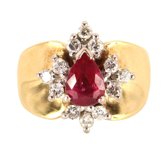 Antique 14kt Yellow Gold Natural Ruby Diamond Cocktail Ring Size 5.25