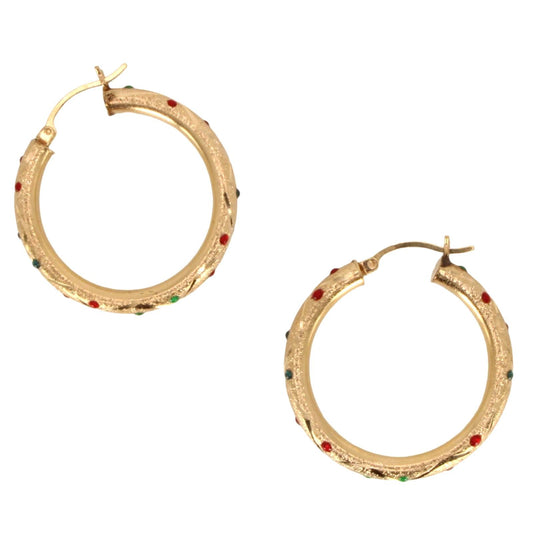 Vintage 14kt Yellow Gold Etched Enamel Dot Hoop Earrings 1.3"