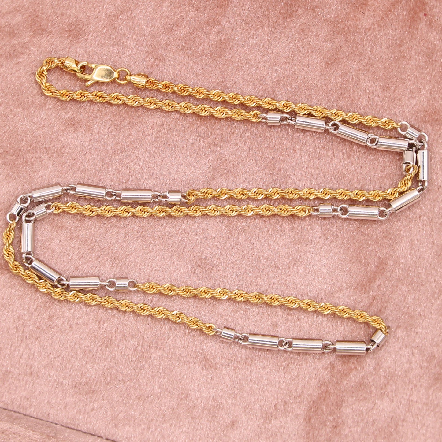 18kt Two Tone Yellow Rope White Bar Station Chain Necklace 17.75"