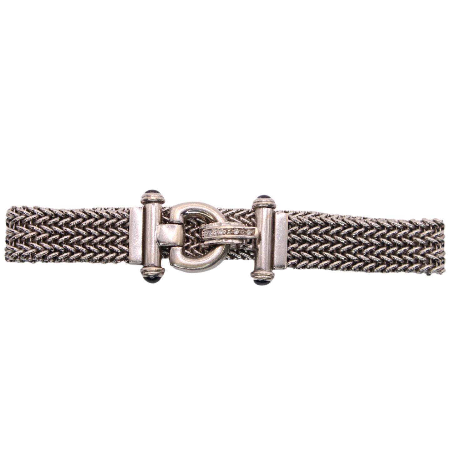 Vintage 14kt White Gold Diamond Sapphire Buckle Wheat Franco Bracelet 7.5"