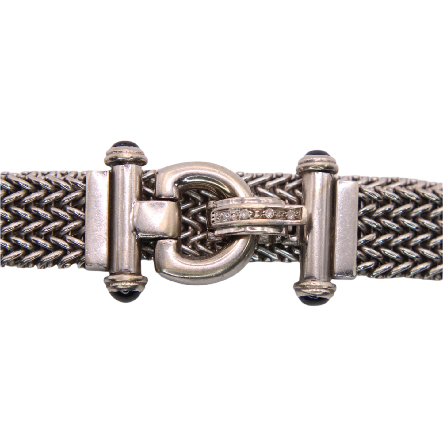 Vintage 14kt White Gold Diamond Sapphire Buckle Wheat Franco Bracelet 7.5"