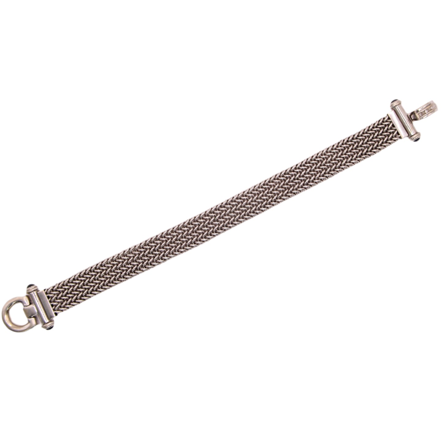 Vintage 14kt White Gold Diamond Sapphire Buckle Wheat Franco Bracelet 7.5"