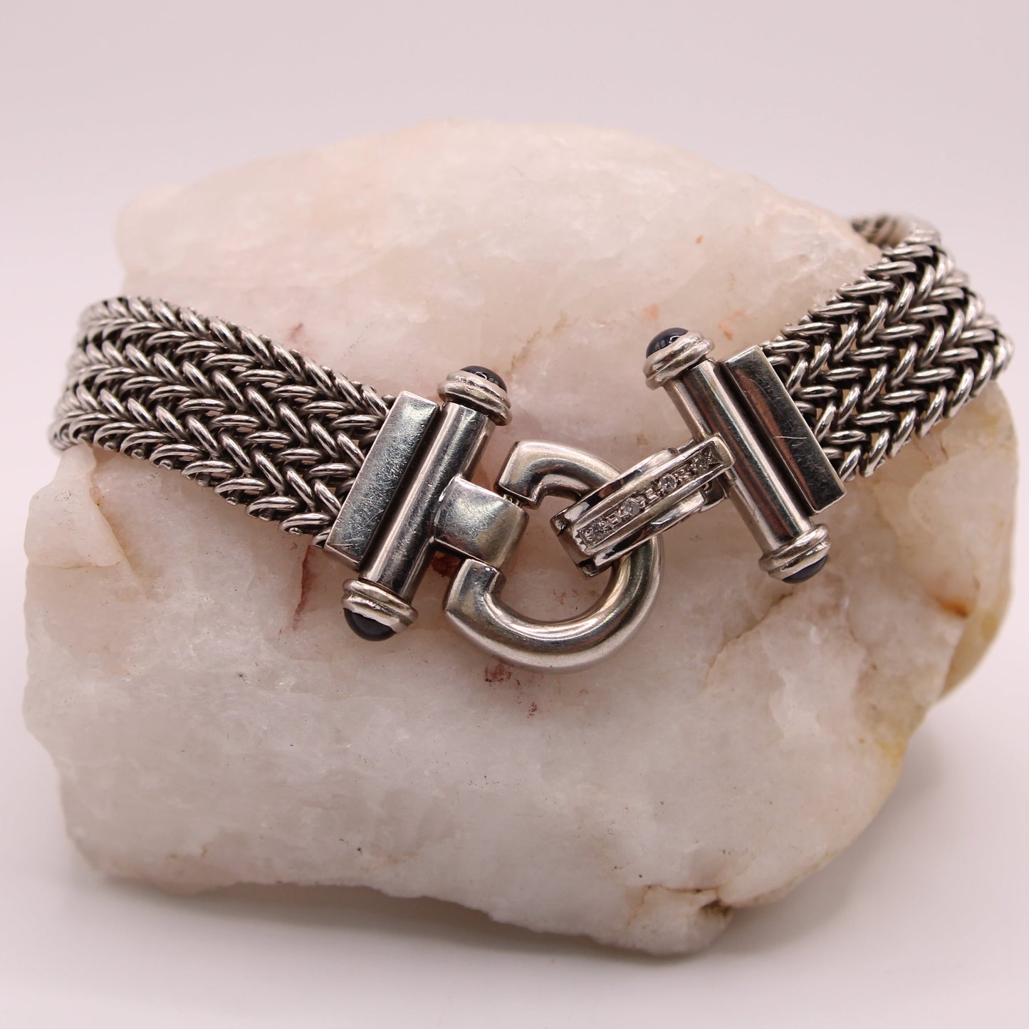 Vintage 14kt White Gold Diamond Sapphire Buckle Wheat Franco Bracelet 7.5"