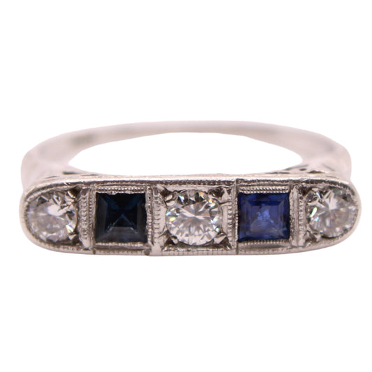 Antique Art Deco Platinum Diamond Sapphire Filigree Stacker Ring 6.25