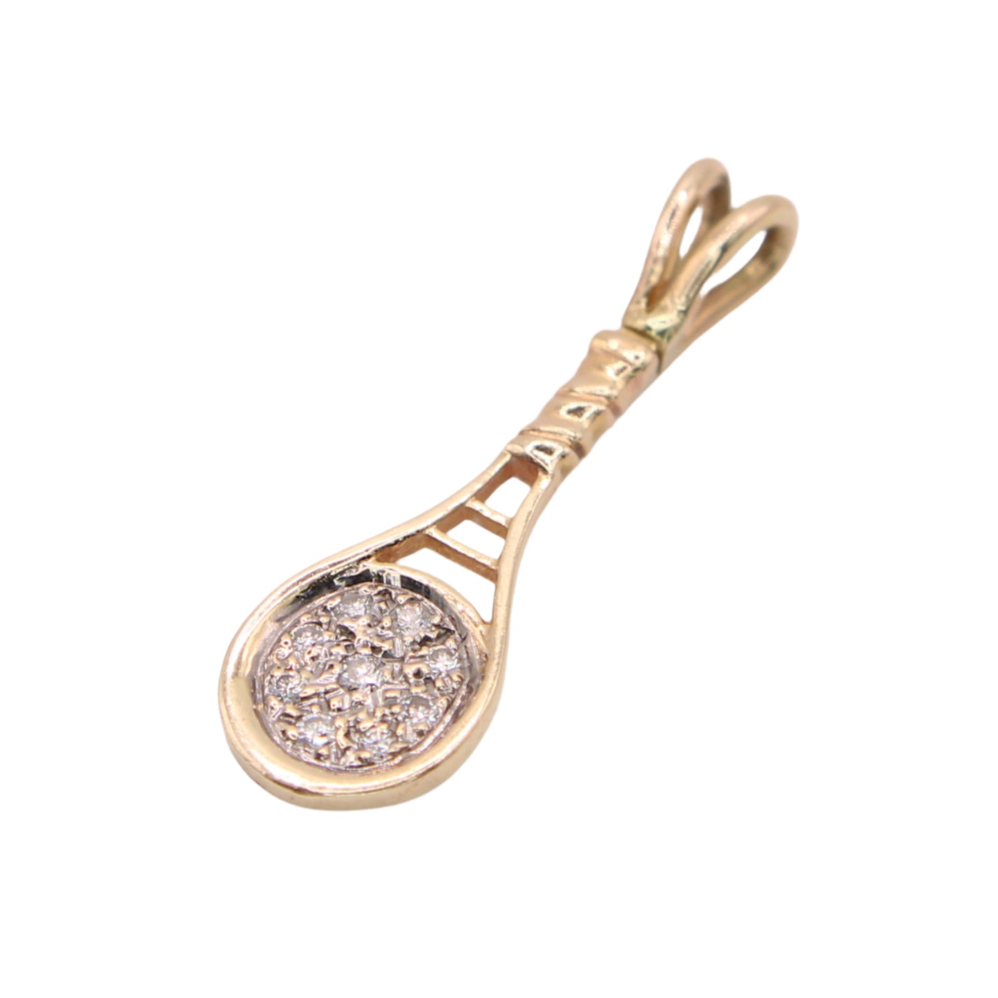 Vintage 14kt Two Tone Yellow Gold Diamond Tennis Racket Charm Pendant