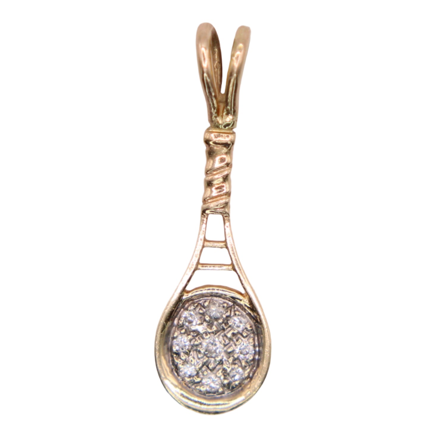 Vintage 14kt Two Tone Yellow Gold Diamond Tennis Racket Charm Pendant