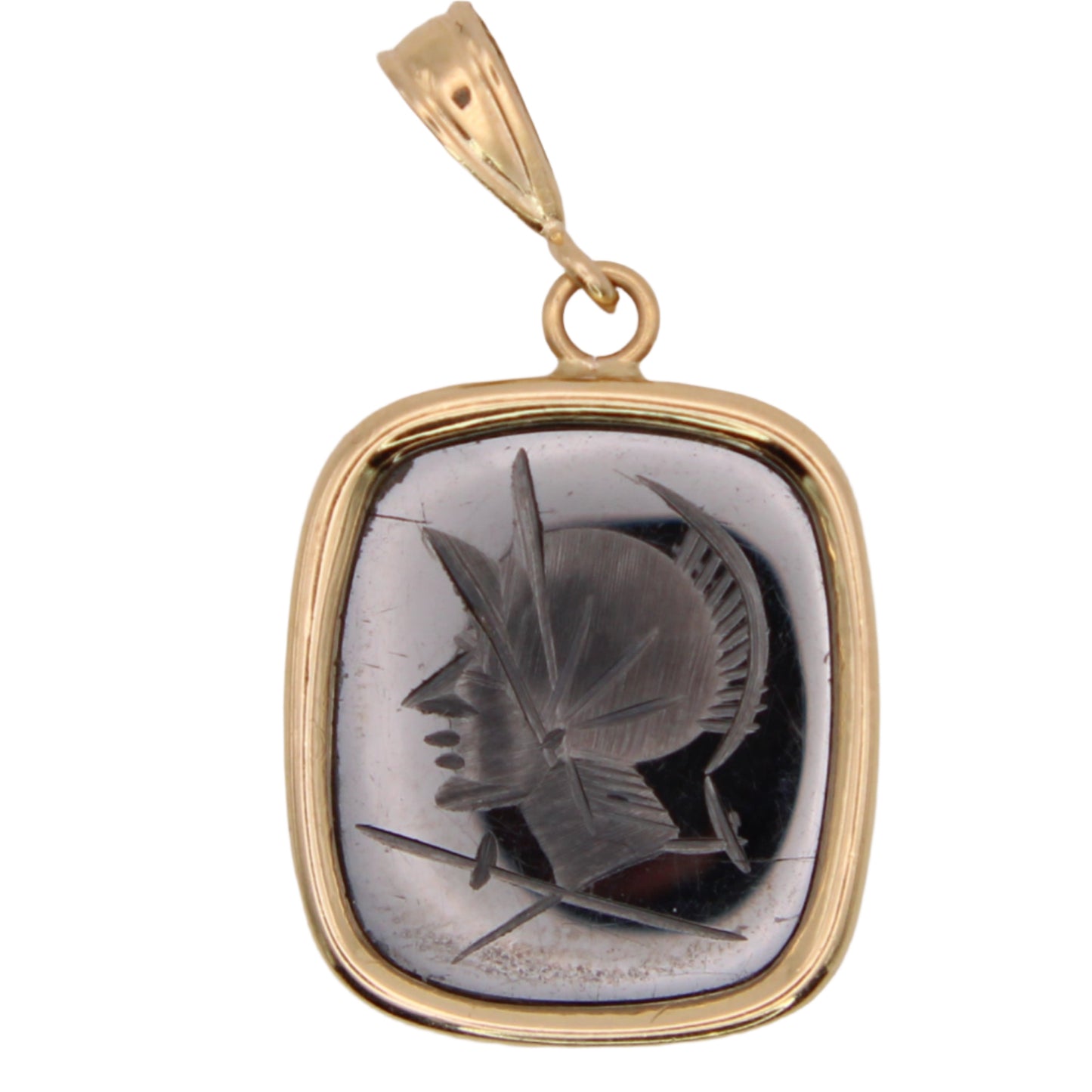 14kt Yellow Gold Bezel Hematite Intaglio Roman Soldier Cameo Pendant