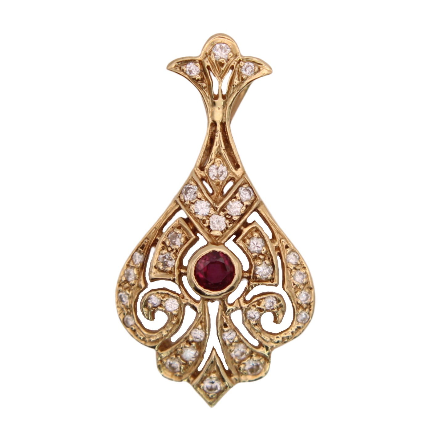 14kt Yellow Gold Antique Victorian Diamond Ruby Art Deco Drop Pendant