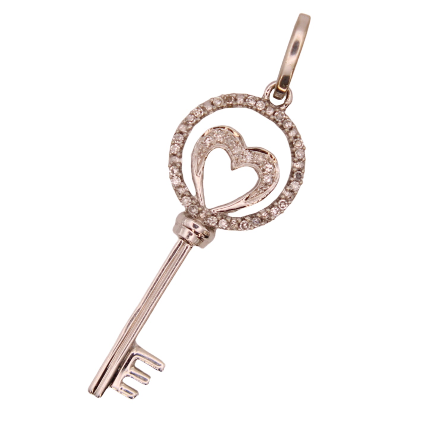 10kt White Gold Diamond Open Heart Mini Key Charm Pendant