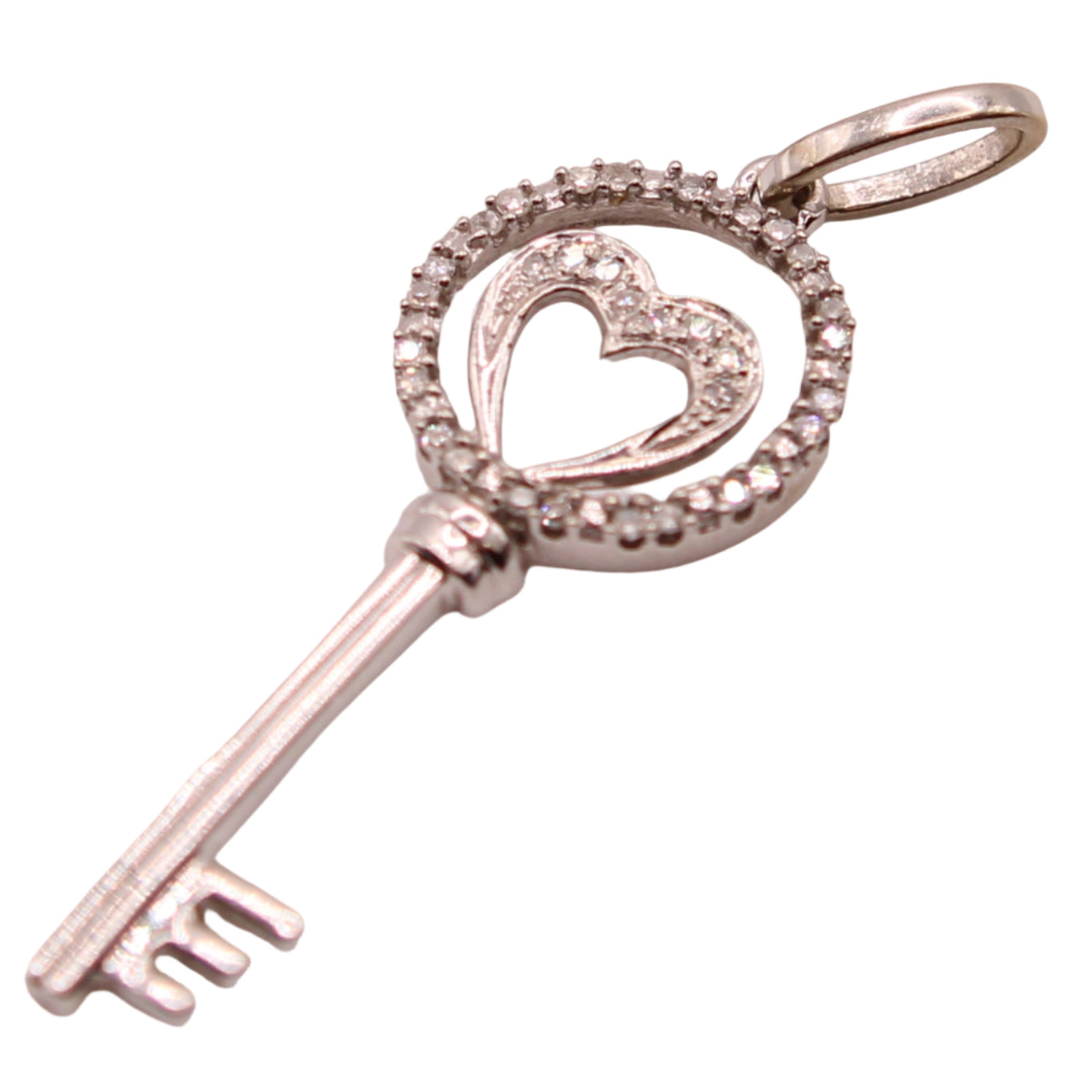 10kt White Gold Diamond Open Heart Mini Key Charm Pendant