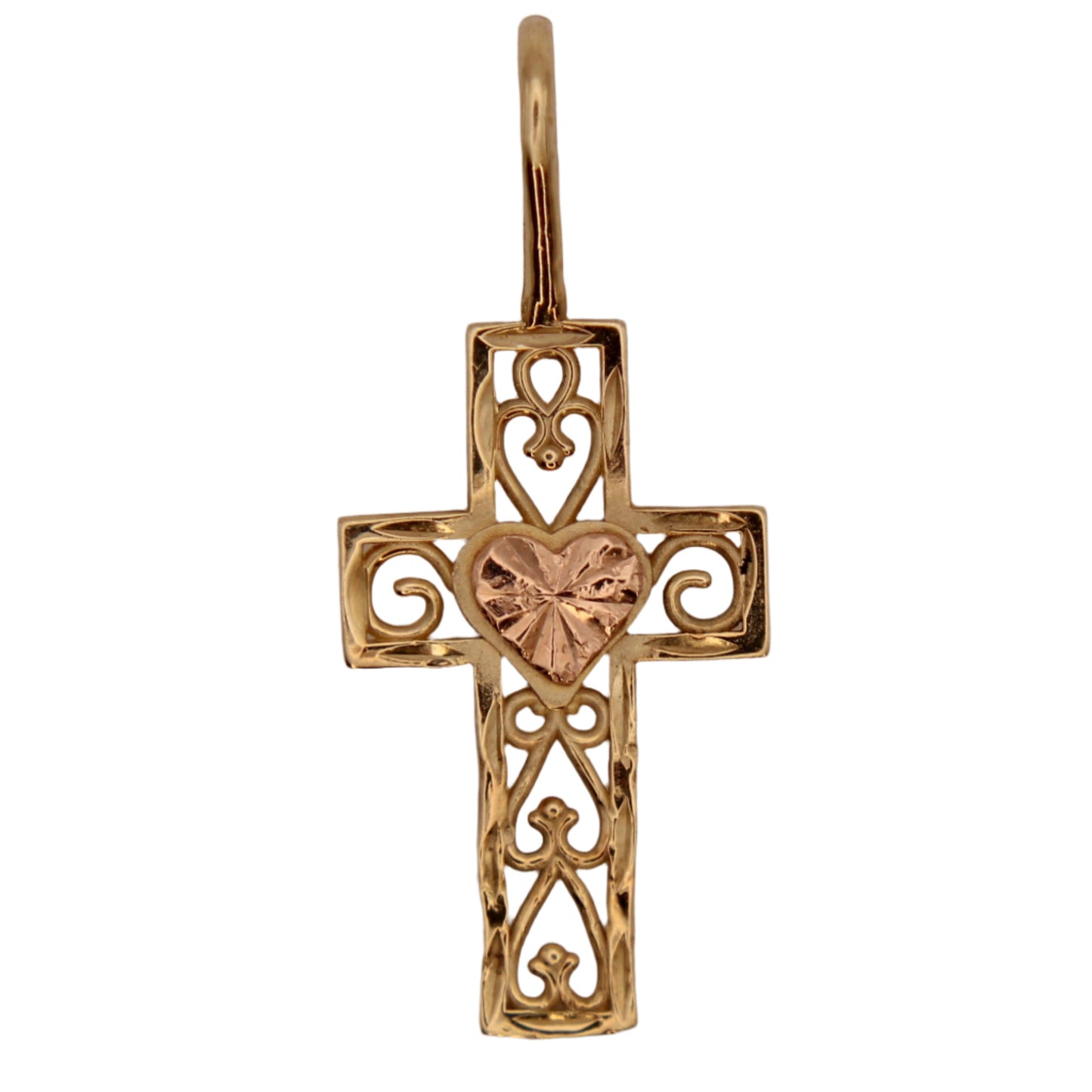 14kt Two Tone Yellow Rose Open Heart Cross Religious Pendant