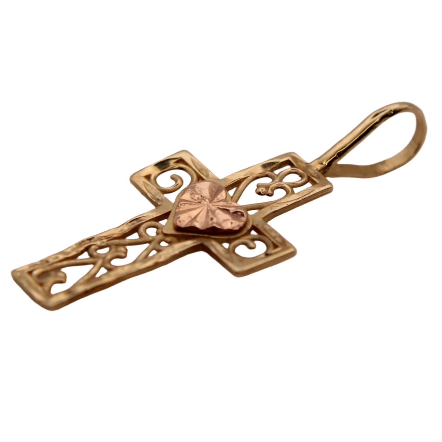 14kt Two Tone Yellow Rose Open Heart Cross Religious Pendant