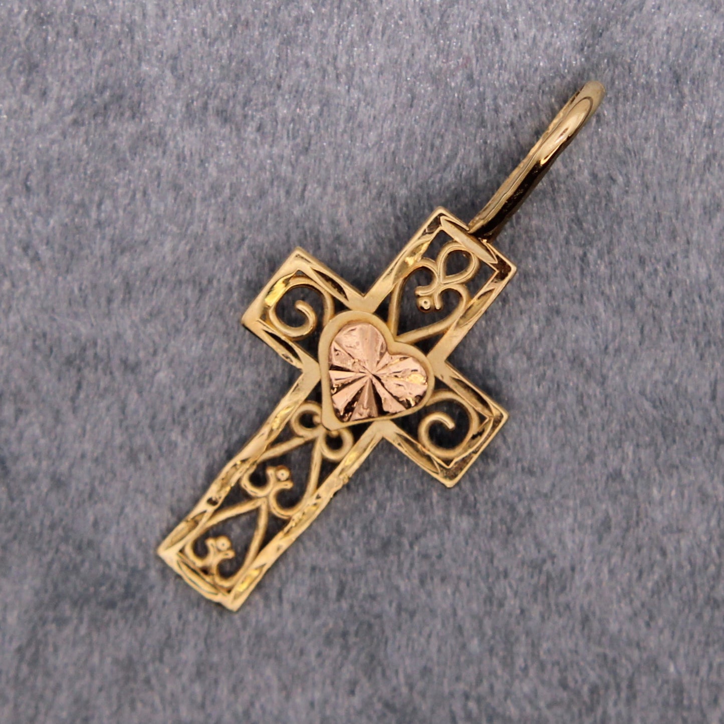 14kt Two Tone Yellow Rose Open Heart Cross Religious Pendant