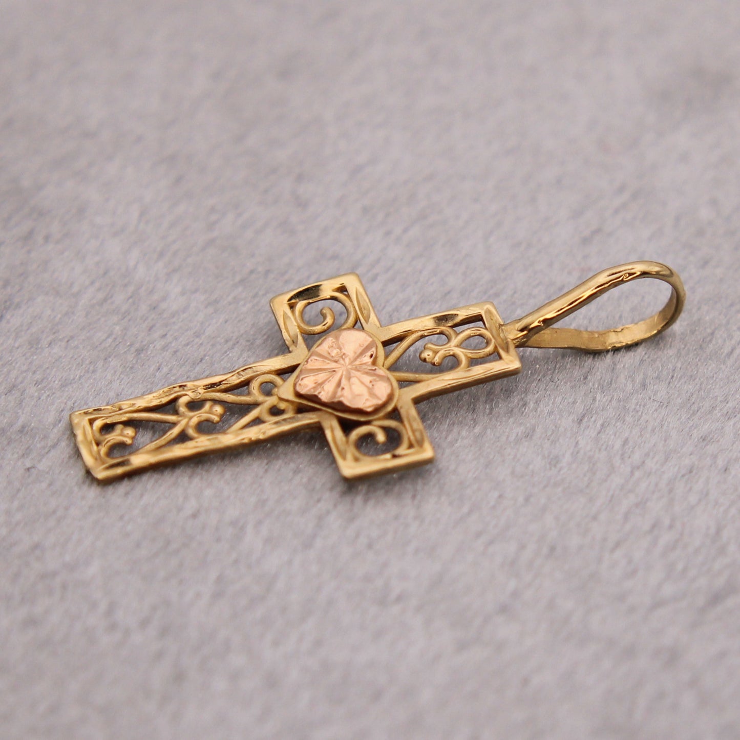 14kt Two Tone Yellow Rose Open Heart Cross Religious Pendant