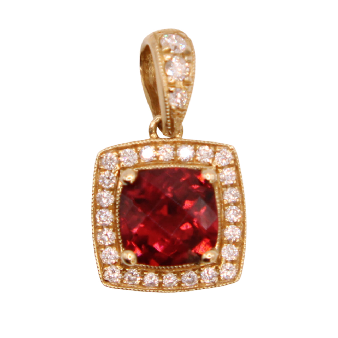 14kt Yellow Gold Diamond Halo Cushion Cut Garnet January Pendant