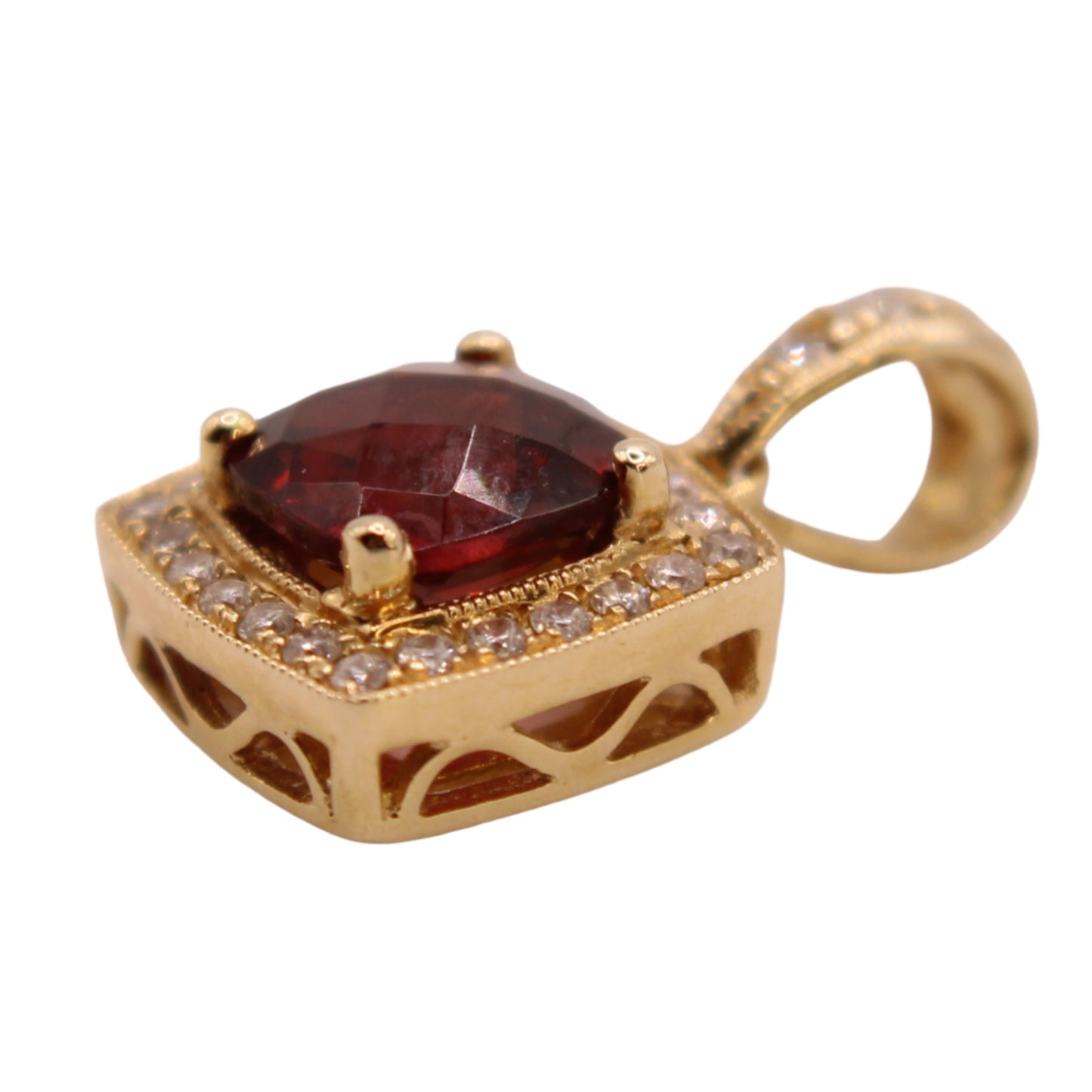 14kt Yellow Gold Diamond Halo Cushion Cut Garnet January Pendant
