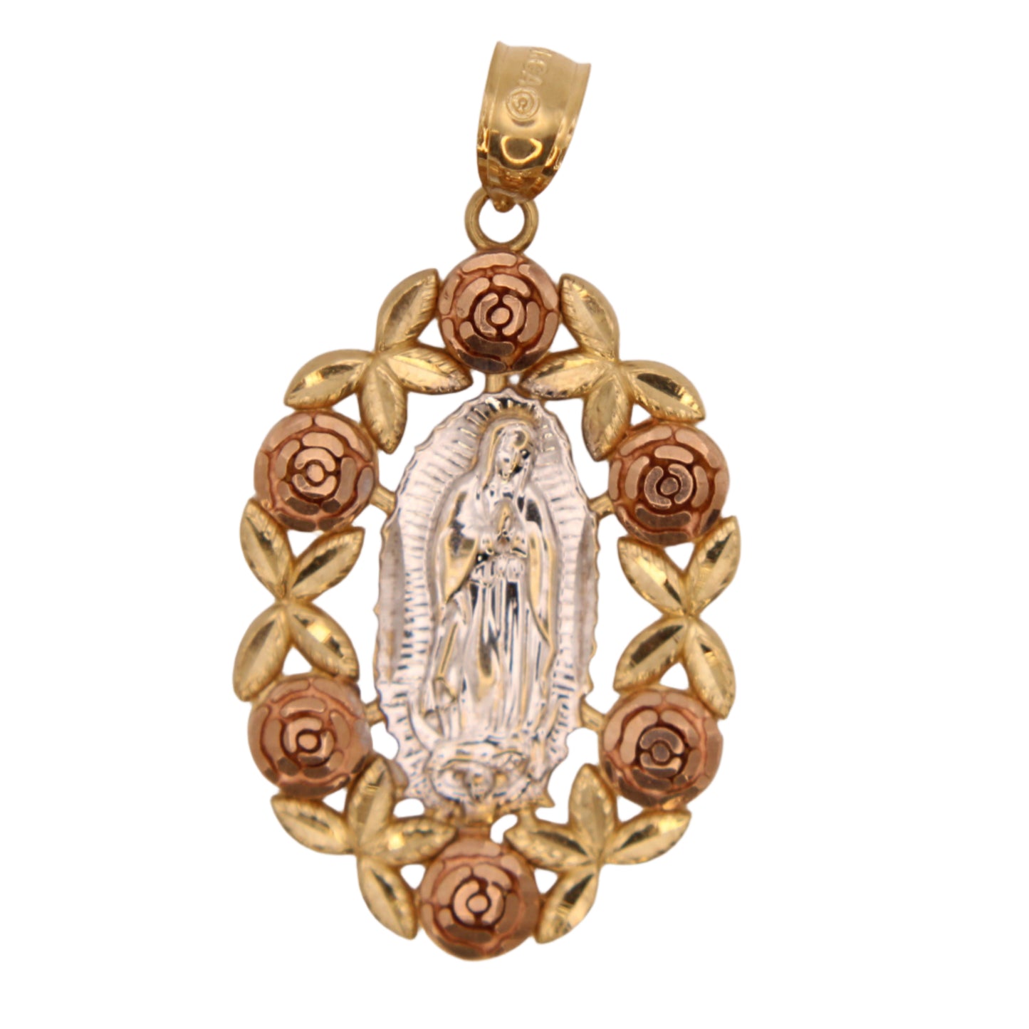 10kt Tri Gold Yellow White Rose Religious Virgin Mary Guadalupe Pendant