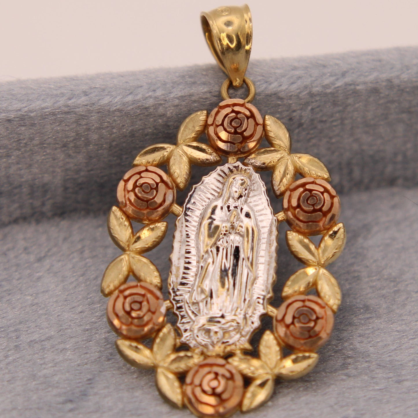 10kt Tri Gold Yellow White Rose Religious Virgin Mary Guadalupe Pendant