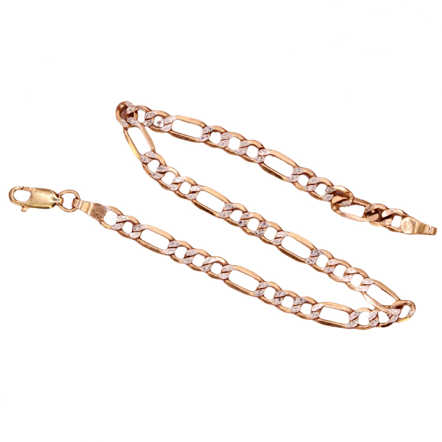 10kt Two Tone Rose White Gold Diamond Cut Figaro Chain Link Bracelet 8"