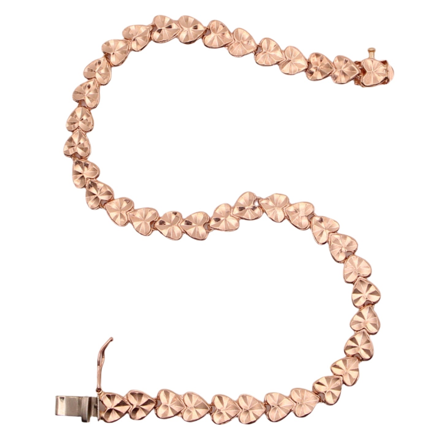 14kt Rose Gold Diamond Cut Heart Charm Link Bracelet 7"