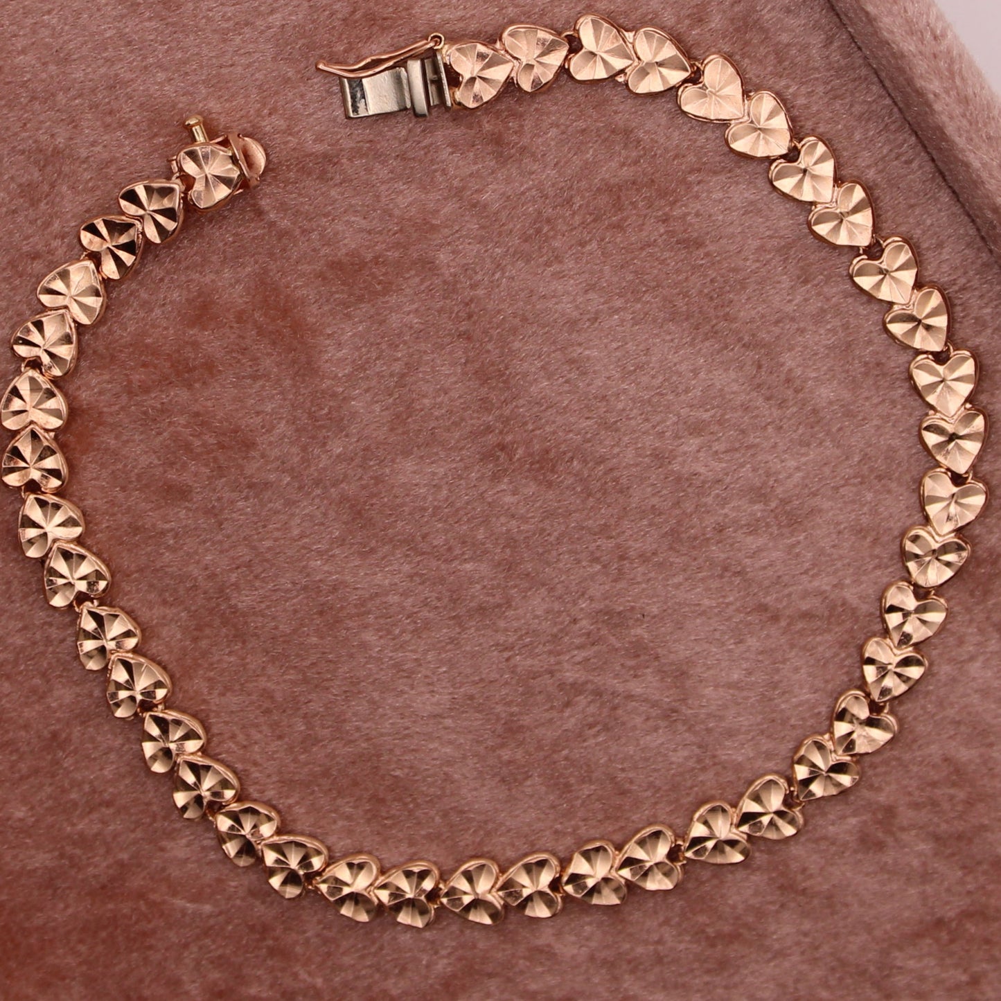 14kt Rose Gold Diamond Cut Heart Charm Link Bracelet 7"