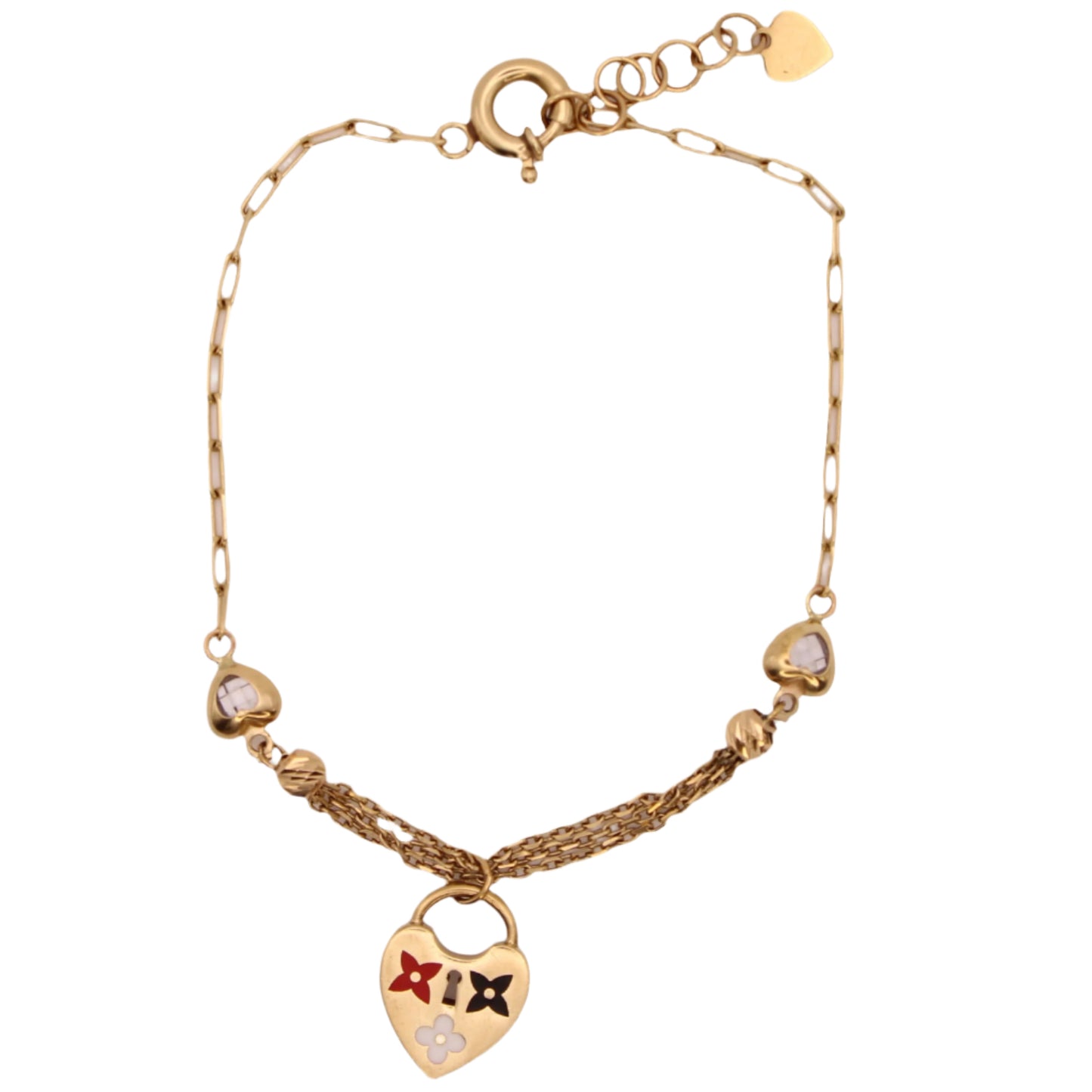 10kt Yellow Gold Enamel Heart Lock Clover Blossom Adjustable Chain Charm Bracelet