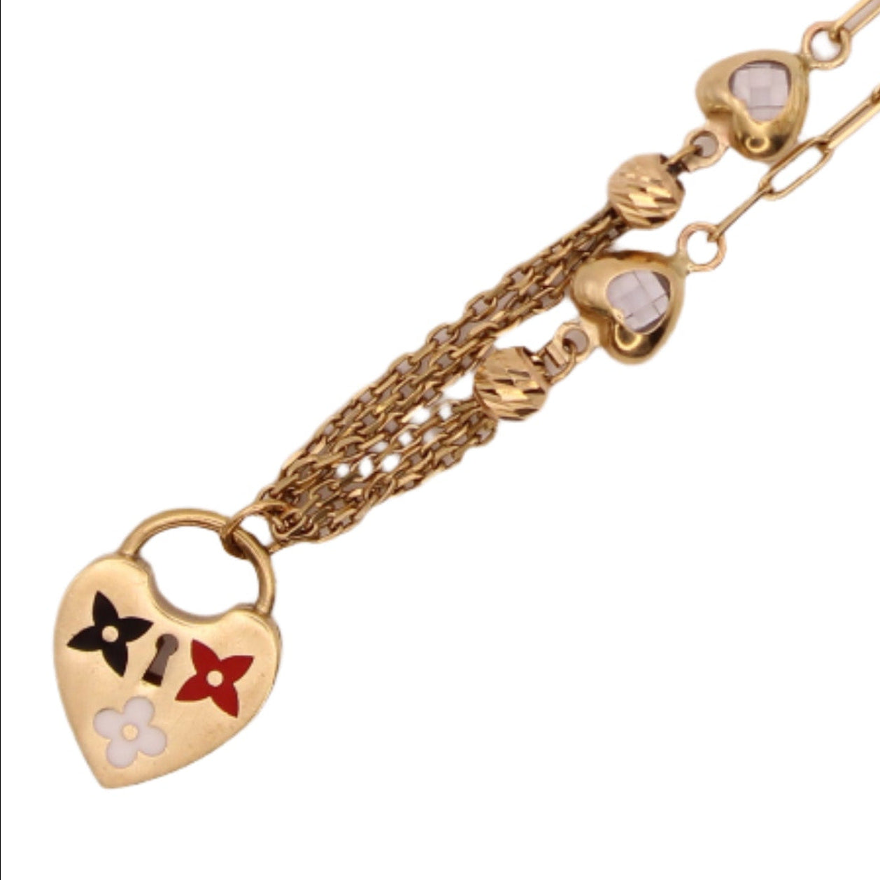 10kt Yellow Gold Enamel Heart Lock Clover Blossom Adjustable Chain Charm Bracelet
